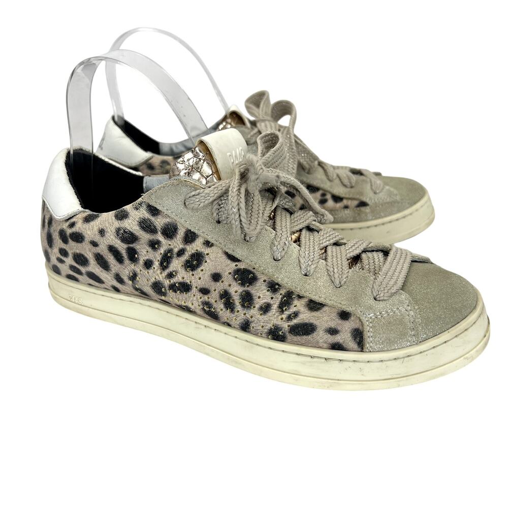 P448 John Sneaker Gray Cheetah Print Leather Suede Lace Up 39 Perforated Logo